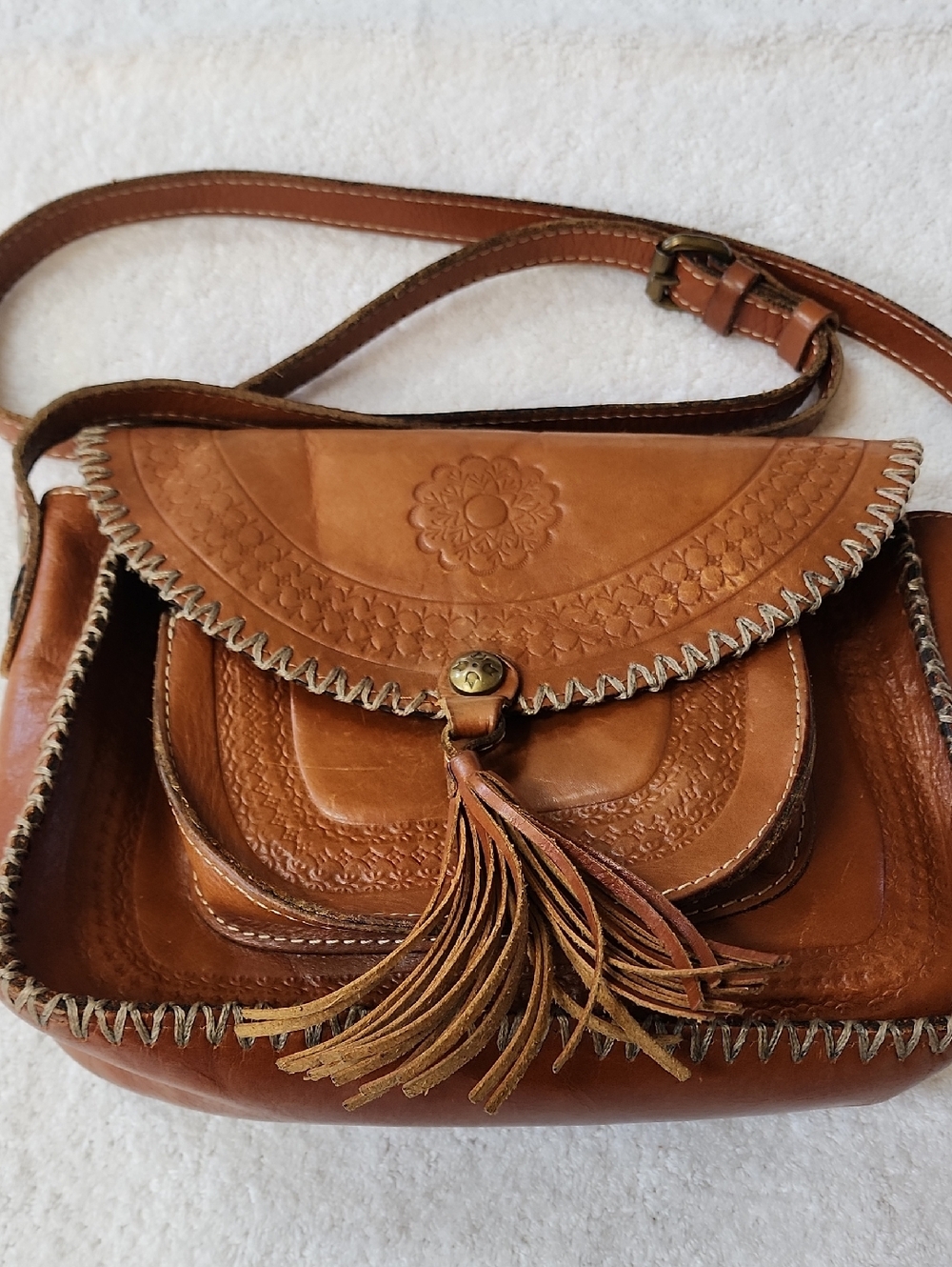 Patricia Nash Womens Brown Tooled Leather Crossbody Bag Preowned